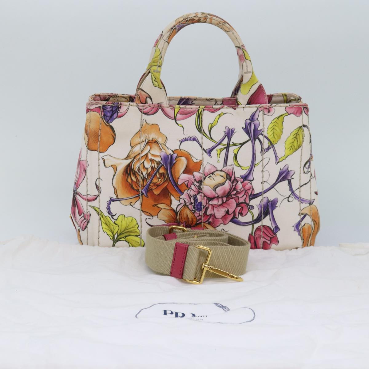 PRADA Flower Pattern Canapa PM Hand Bag Canvas 2way Multicolor Auth ar12288