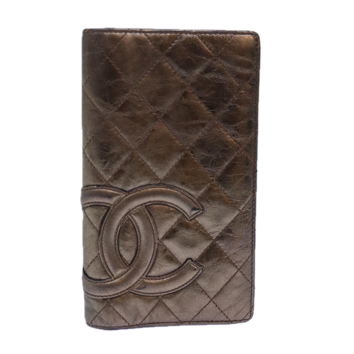 Chanel Cambon Line Wallet Leather Gold Tone Silver CC Auth ar