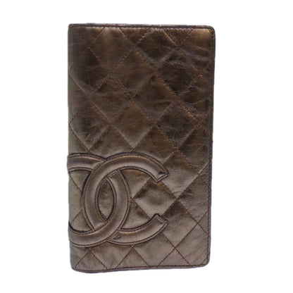 Chanel Cambon Line Wallet Leather Gold Tone Silver CC Auth ar