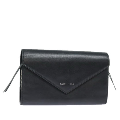 Balenciaga Paper Manny Long Wallet Leather Black Silver 371661 Auth ar12342