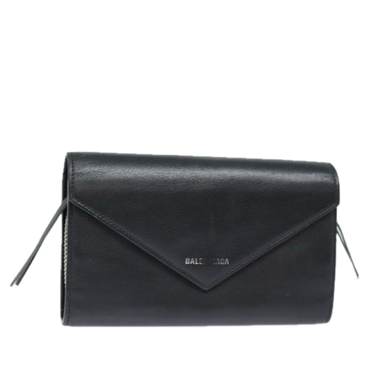 Balenciaga Paper Manny Long Wallet Leather Black Silver 371661 Auth ar12342