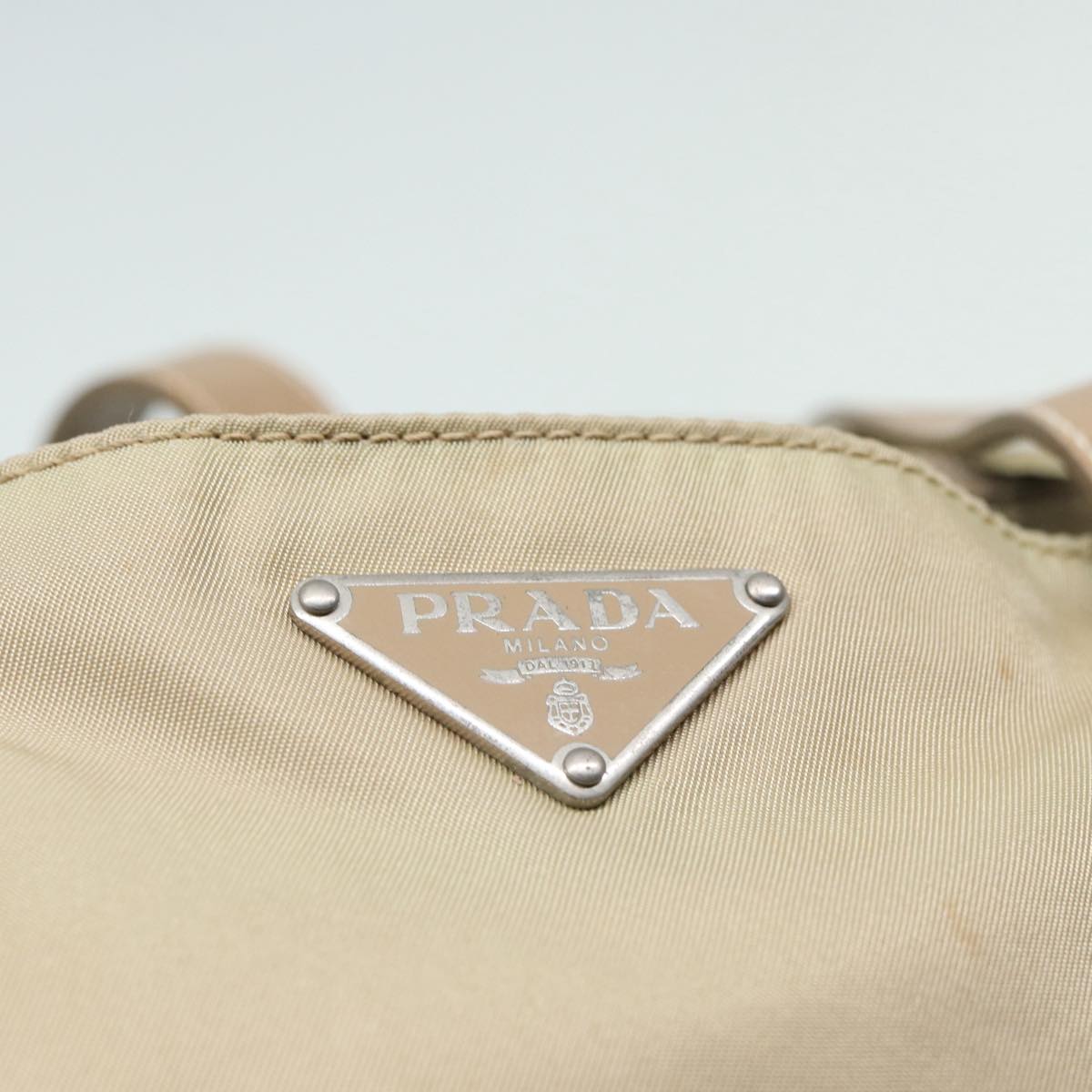 PRADA Tote Bag Nylon Beige Silver Auth ar12356