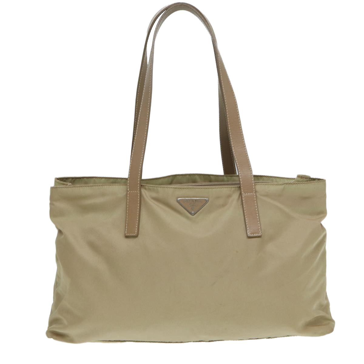 PRADA Tote Bag Nylon Beige Silver Auth ar12356