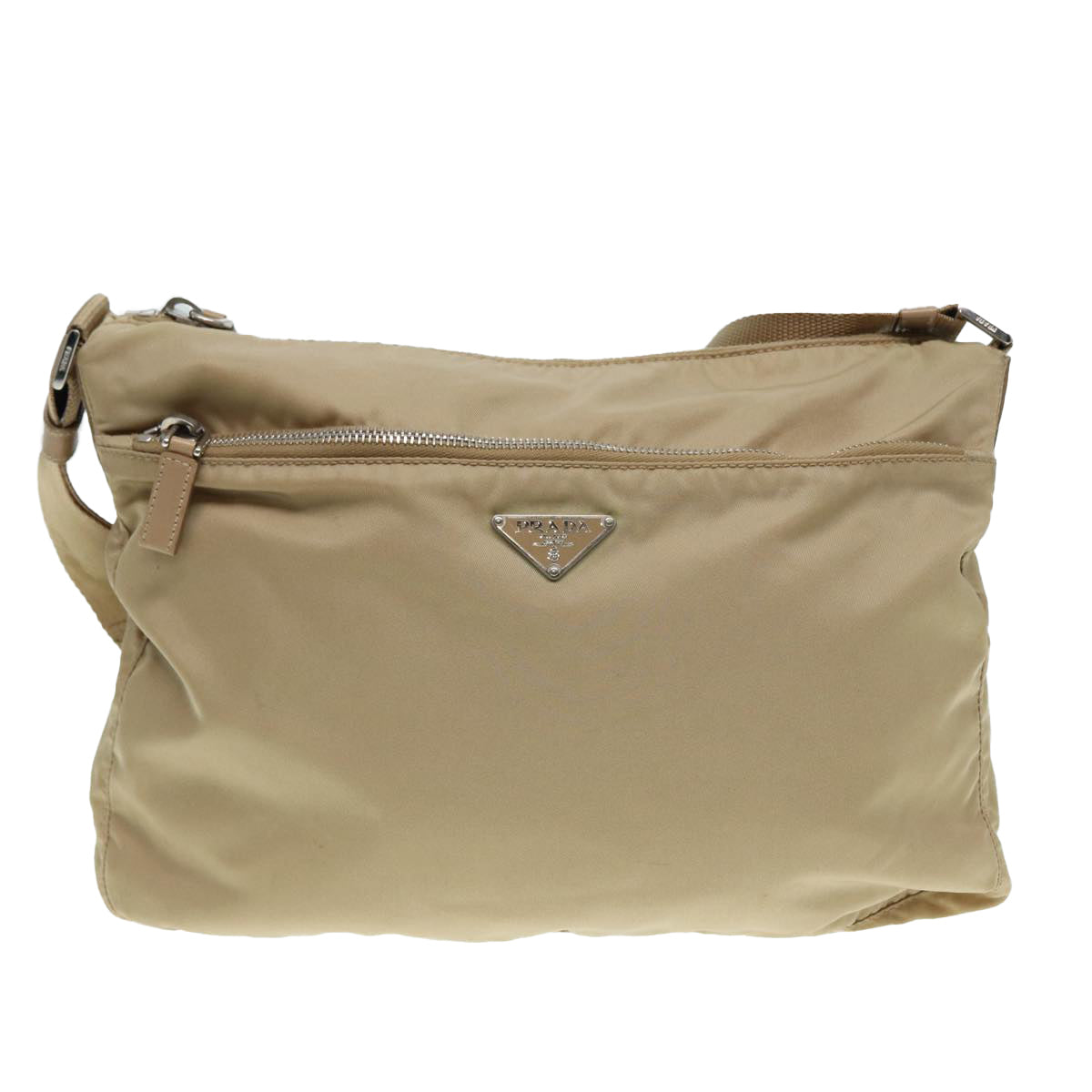 PRADA Shoulder Bag Nylon Beige Silver Auth ar12464