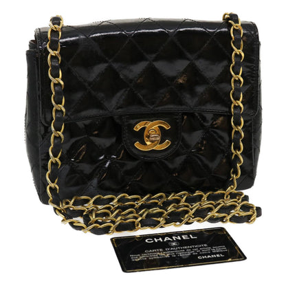 CHANEL Mini Matelasse Chain Flap Shoulder Bag Enamel Black Gold CC  ar6839A