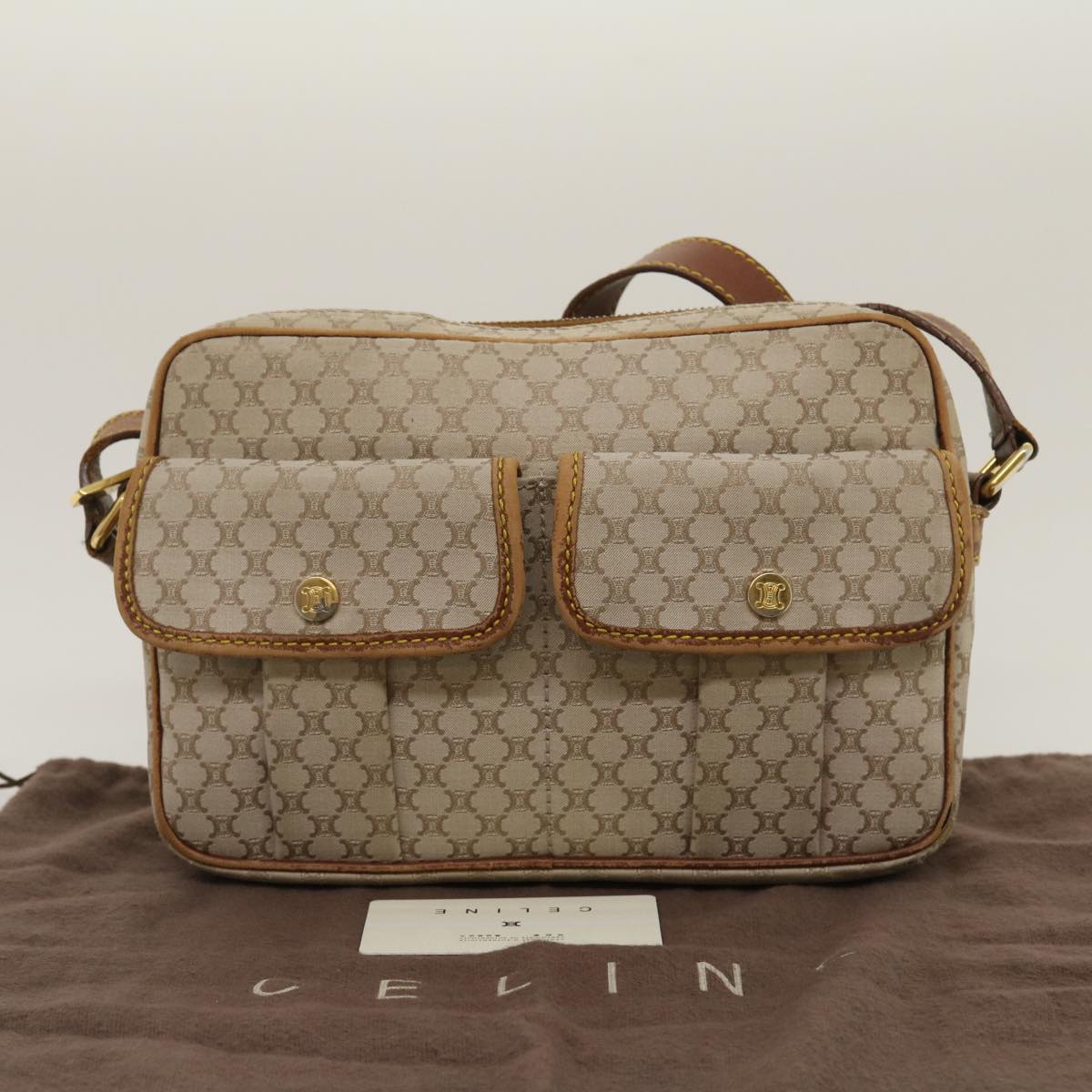 Celine Macadam Canvas Shoulder Bag Beige Brown  ar7069