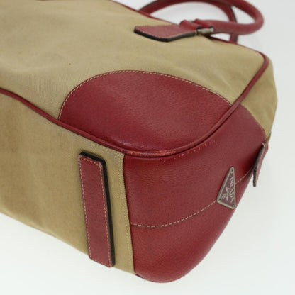 Prada Shoulder Bag Canvas Leather Beige Red  ar9627