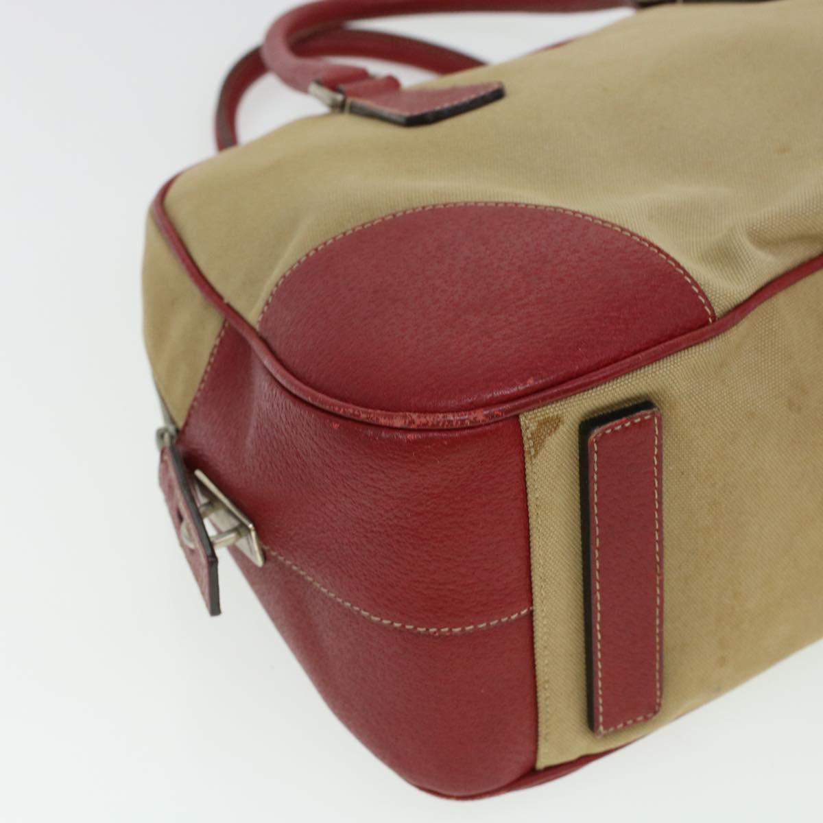 Prada Shoulder Bag Canvas Leather Beige Red  ar9627