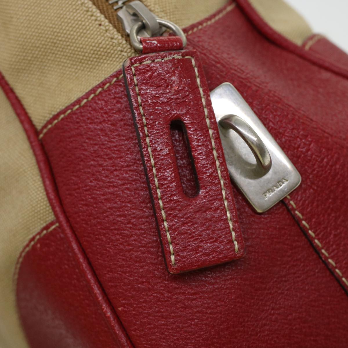 Prada Shoulder Bag Canvas Leather Beige Red  ar9627