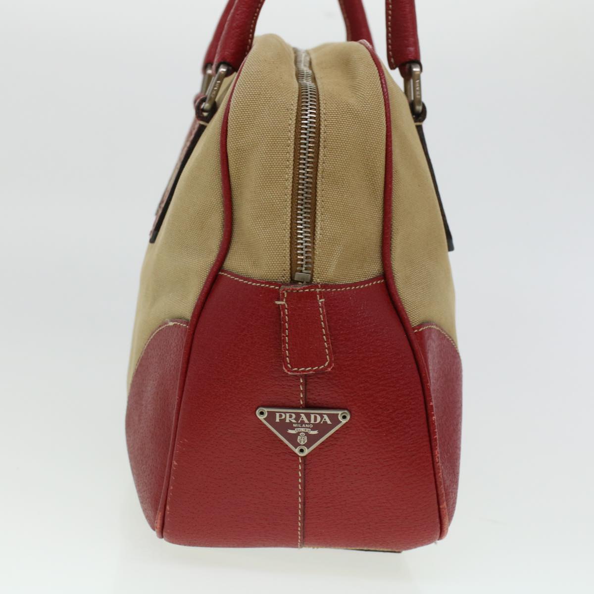 Prada Shoulder Bag Canvas Leather Beige Red  ar9627