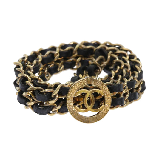 Chanel Chain Belt Metal Leather Gold Tone Black CC Auth arB
