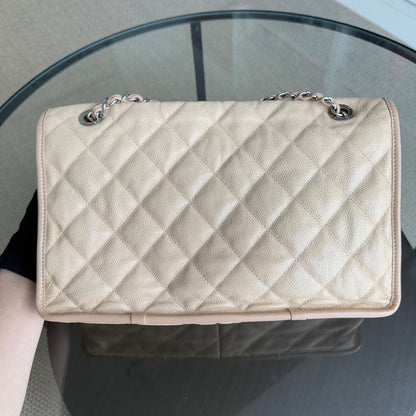 Chanel French Riviera Jumbo - Caviar 33CM Quilted Beige Silver Hardware Series 17