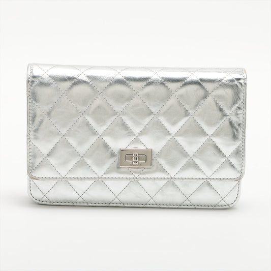 Chanel 2.55 Leather Chain Wallet Silver Silver