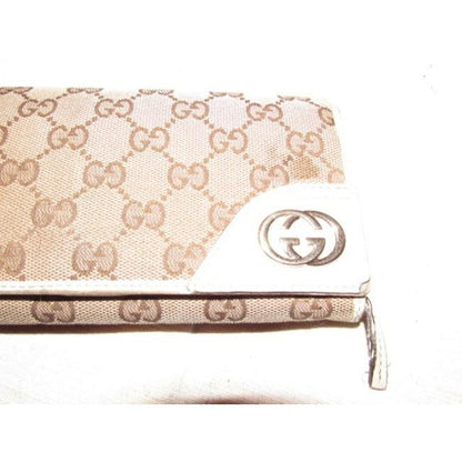 Gucci Brown Large G Logo Print Canvas And White Leather Vintage Wallet