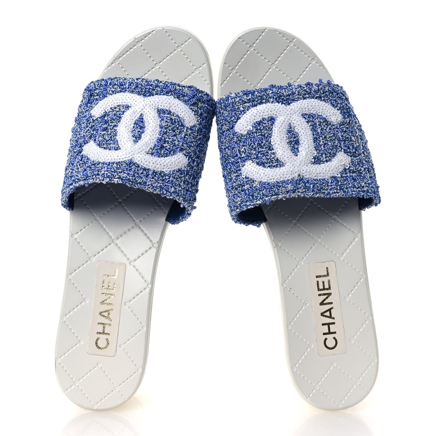 Tweed Sequin Patent Calfskin CC Mule Sandals 41 Blue White
