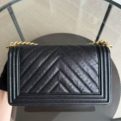 Chanel Boy Medium - Caviar 25CM Chevron Black Gold Hardware Series 26