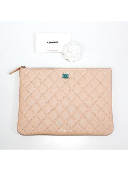 Classic Gold Logo Medium Caviar Clutch Bag Beige Chanel