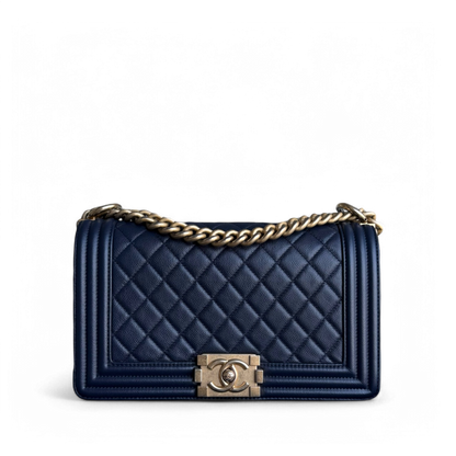 Chanel Boy Medium - Caviar 25CM Quilted Dark Navy Blue Gold Hardware Series 24