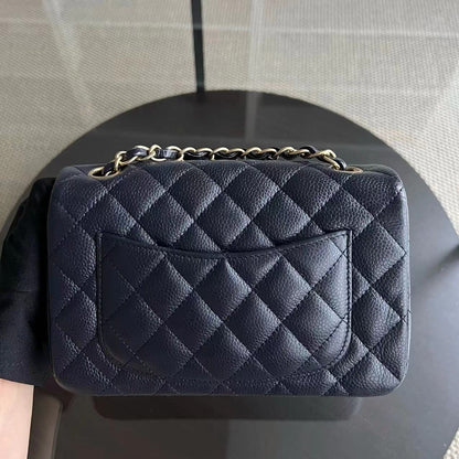Caviar Mini Rectangle Classic Flap Quilted Grained Calfskin Dark Blue Golden Hardware Series 21