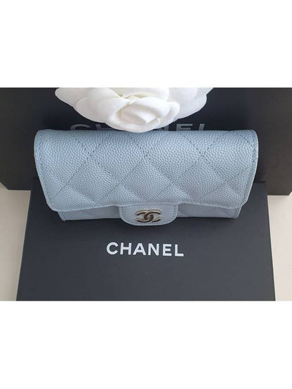 Classic Grained Shiny Calfskin Card Wallet Light Blue Chanel