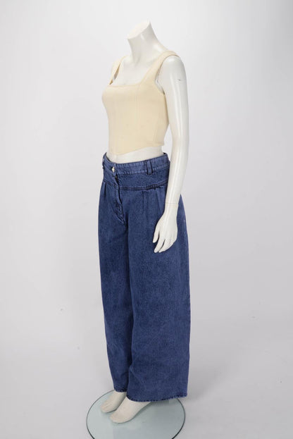 Chanel Blue Denim CC Pearl Embellished Wide Leg Jeans FR 50