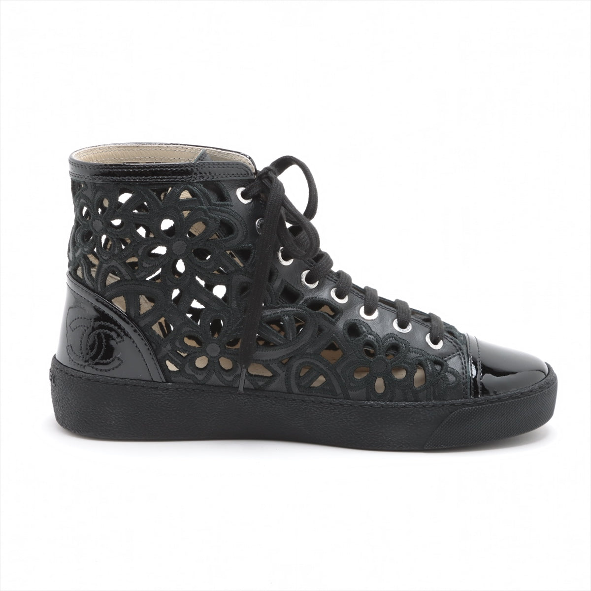 Chanel Coco Leather X Fabric High-Cut Trainers 38  Black Flower Race