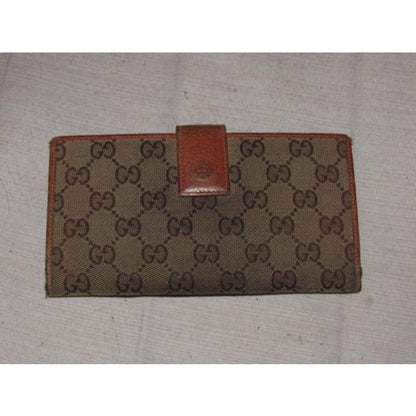 Gucci Brown Large G Logo Print Canvas And Orange Brown Leather Vintage Wallet