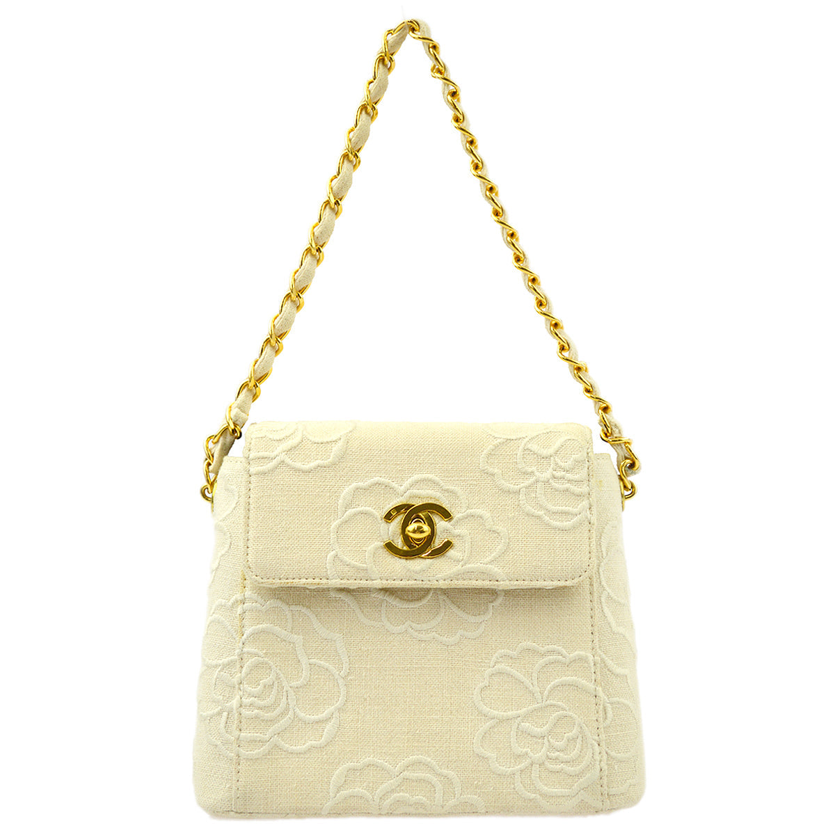 Chanel * White Canvas Camellia Straight Flap Handbag