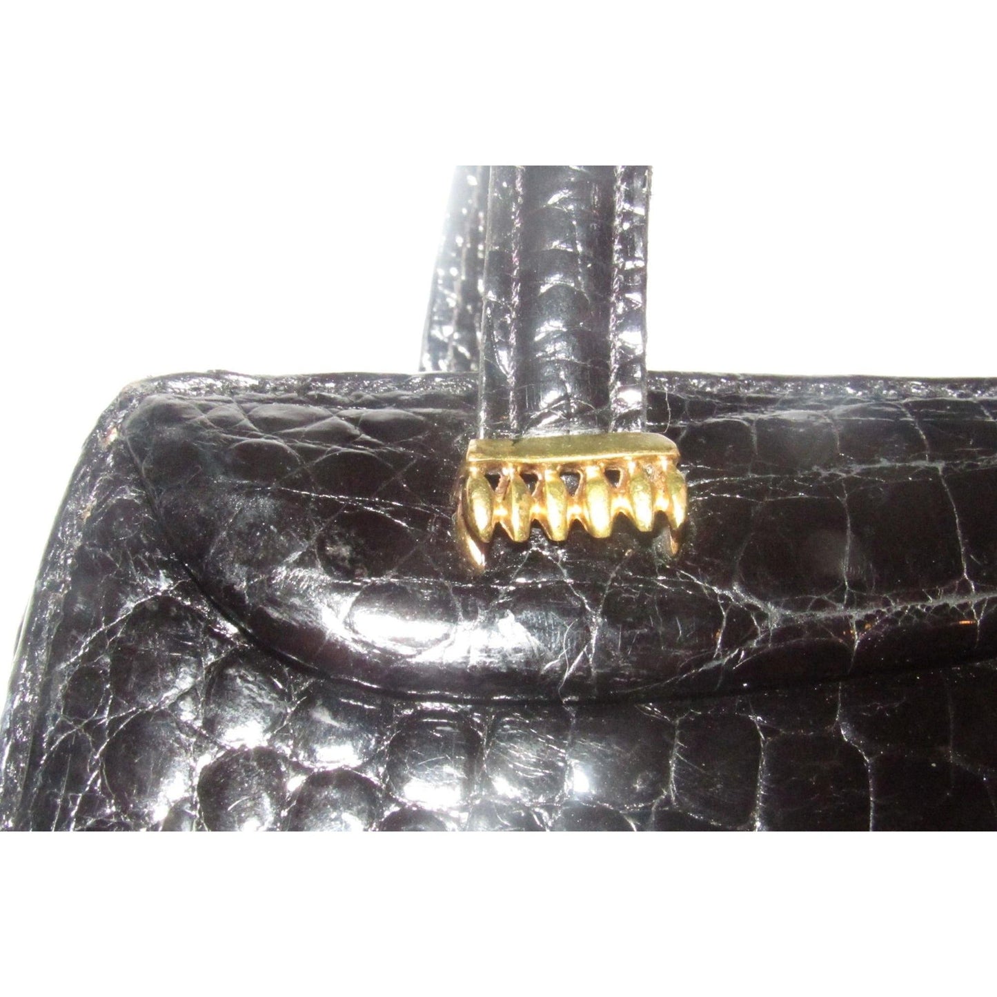 Vintage Mid Century Mod Gucci Top Handle Bag in Navy Crocodile Leather & Gold w a Bakelite Clasp