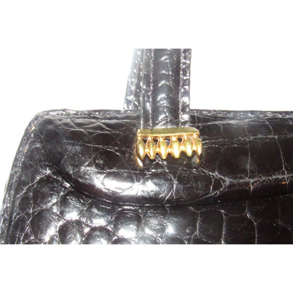 Vintage Mid Century Mod Gucci Top Handle Bag in Navy Crocodile Leather & Gold w a Bakelite Clasp