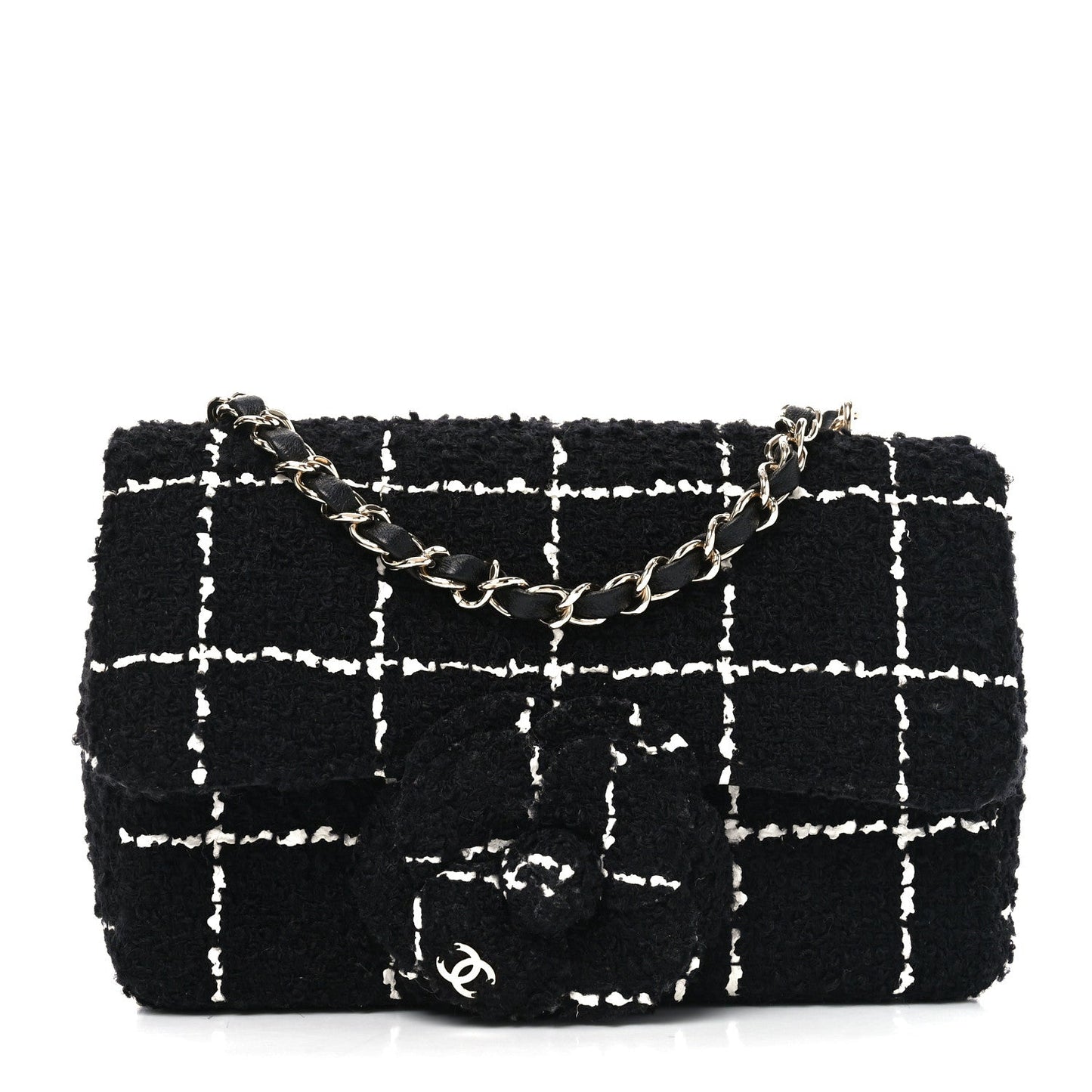 Tweed Quilted Mini Rectangular Camellia Flap Black White