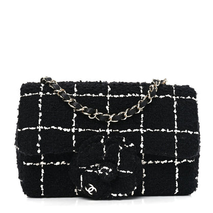 Tweed Quilted Mini Rectangular Camellia Flap Black White
