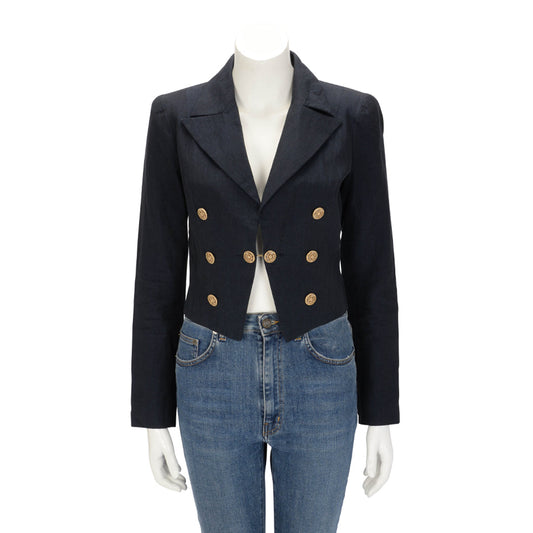 Chanel Navy Linen Cropped Military Jacket FR 38