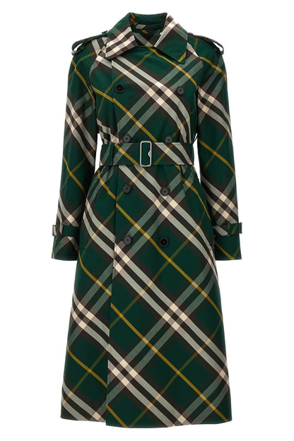 Burberry Women Check Long Gabardine Trench Coat