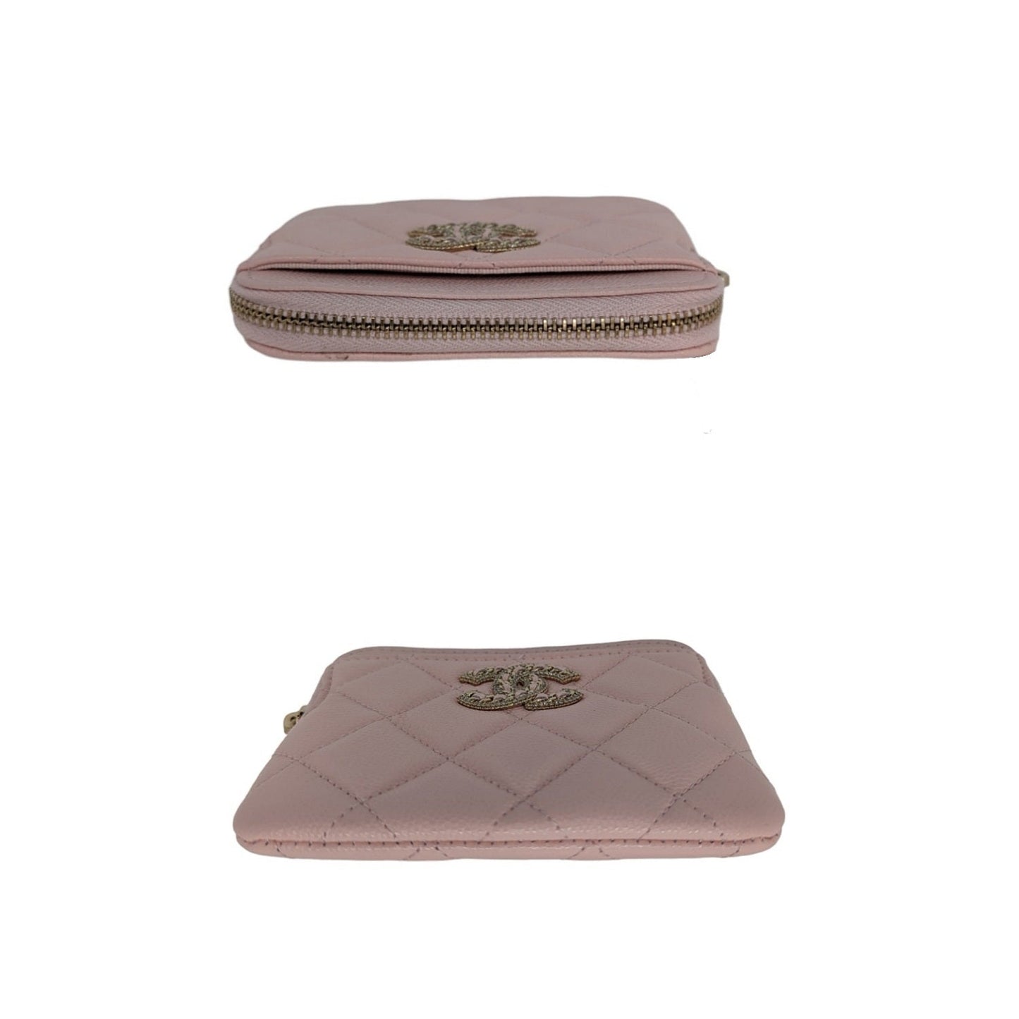 Chanel Caviar Quilted Crystal Zip Card Holder Wallet Light Pink