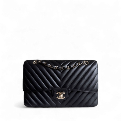Chanel Classic Flap Medium - 25CM Chevron Lambskin Black Light Gold Hardware Series 27