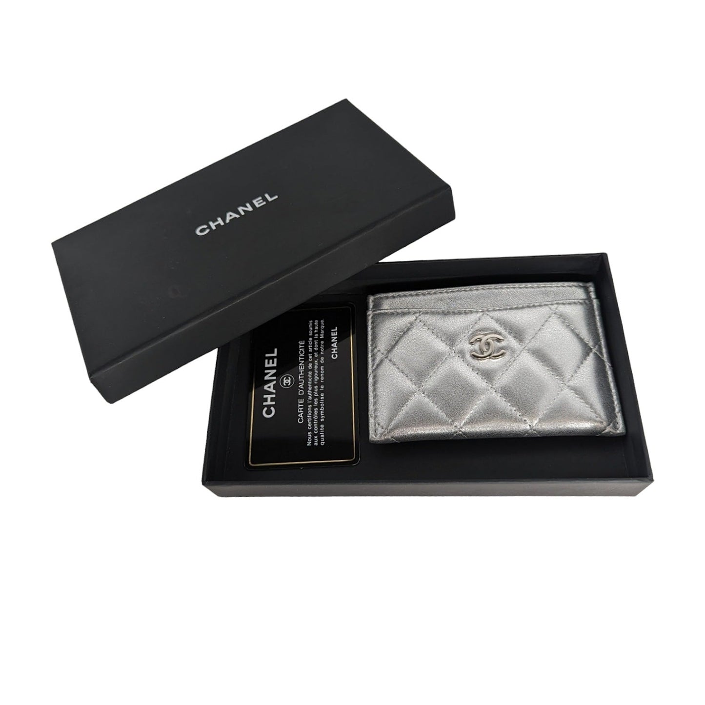 Chanel Metallic Lambskin Quilted CC Card Holder Silver
