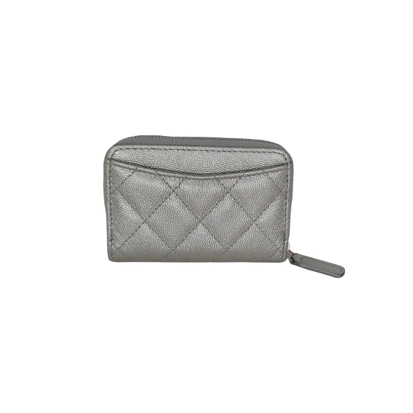 Chanel Metallic Silver Caviar Quilted Zip Coin Purse Wallet