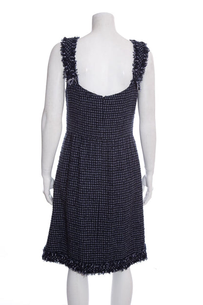 Chanel Navy Tweed Sleeveless Knee Length Dress SZ 40
