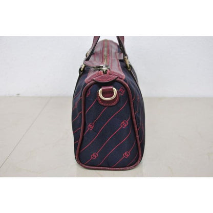 Gucci Navy Canvas w Red Diagonal Logo Print & Burgundy Leather Boston Bag