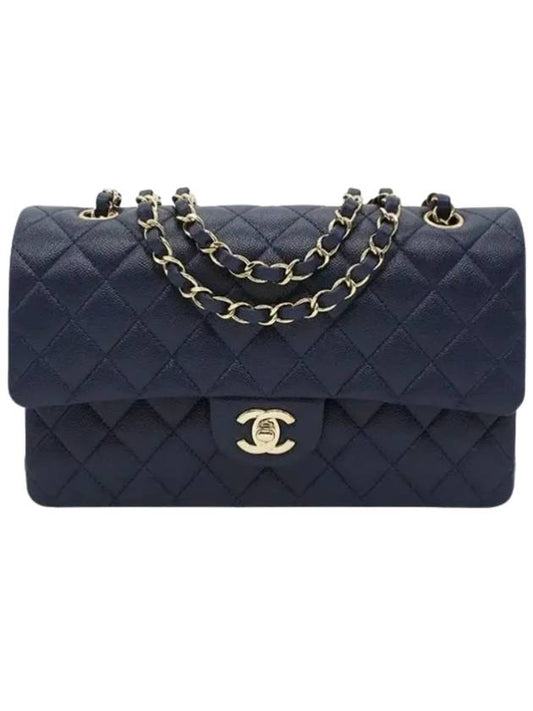 Classic Grained Calfskin Medium Shoulder Bag Navy Chanel