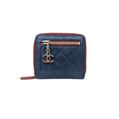 Chanel Blue Bicolor Quilted Maroon Trim Compact Zip Around Wallet