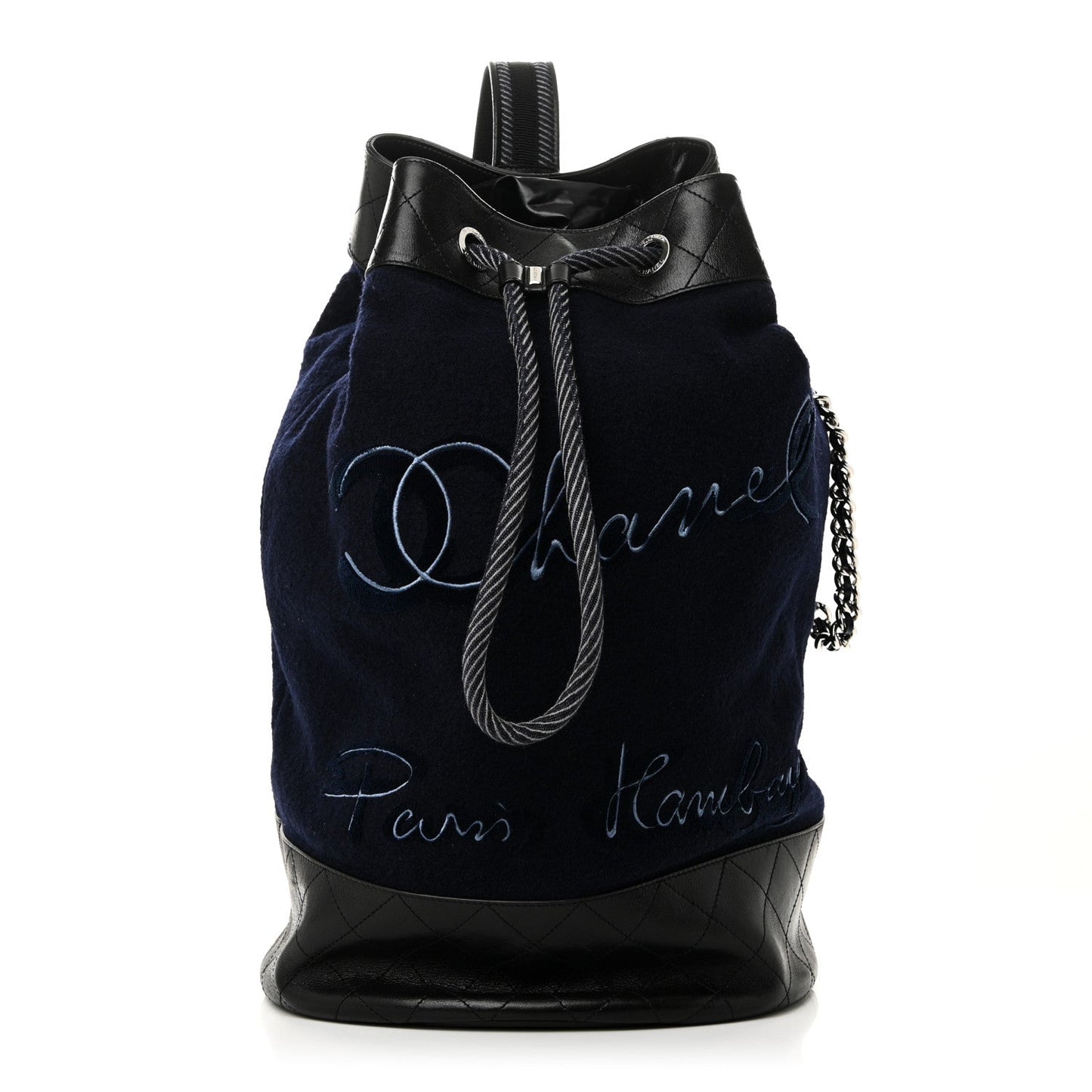 Wool Calfskin Embroidered Paris Hamburg Drawstring Backpack Navy Blue