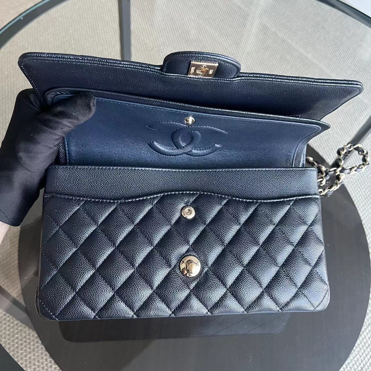 *Un, Full Set Receipt* Caviar Double Flap Quilted Grained Calfskin Dark Blue Golden Hardware Series 28