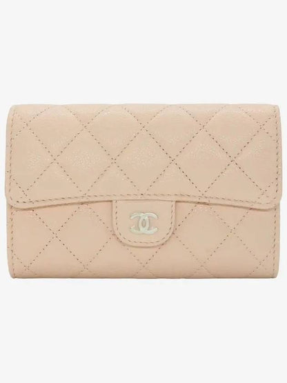 Classic Gold Logo Flap Grained Shiny Calfskin Half Wallet Beige Chanel