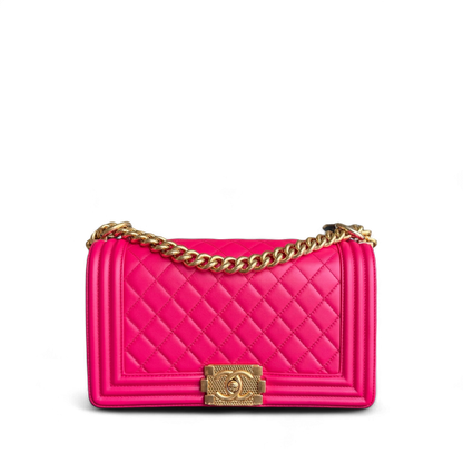 Chanel Boy Medium - 25CM Quilted Lambskin Hot Pink Gold Hardware Series 23