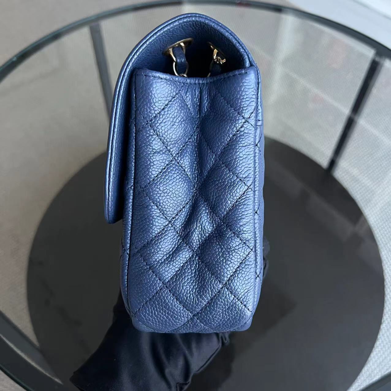 Crumpled Two Tone Flap Grained Calfskin Navy Blue Golden Hardware Series 21