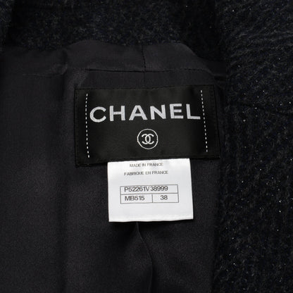 Chanel Navy Herringbone Wool Double Breasted Coat FR 38