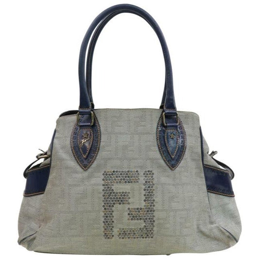 Fendi XL Du Jour Satchel in Denim Blue Zucco Print Canvas & Deep Blue Calfskin Leather