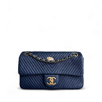 Chanel Seasonal Flap Medium - 25CM Surpique CC Herringbone Medallion Flap Chevron Dark Navy Blue Gold Hardware Series 22